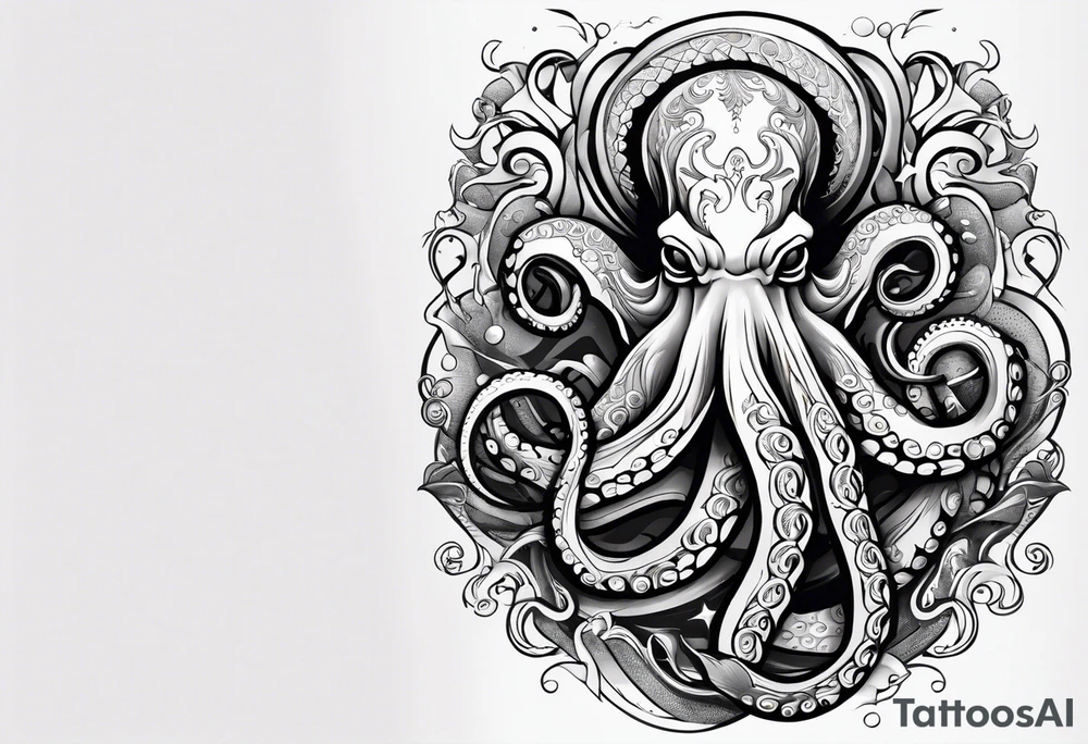 Tribal half sleeve. octopus surrounded by ribbons of water waves filled with fish. the octopus has no eyes. Use thick lines only with less detail. tattoo idea