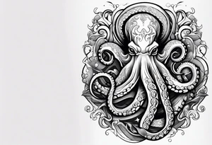 Tribal half sleeve. octopus surrounded by ribbons of water waves filled with fish. the octopus has no eyes. Use thick lines only with less detail. tattoo idea