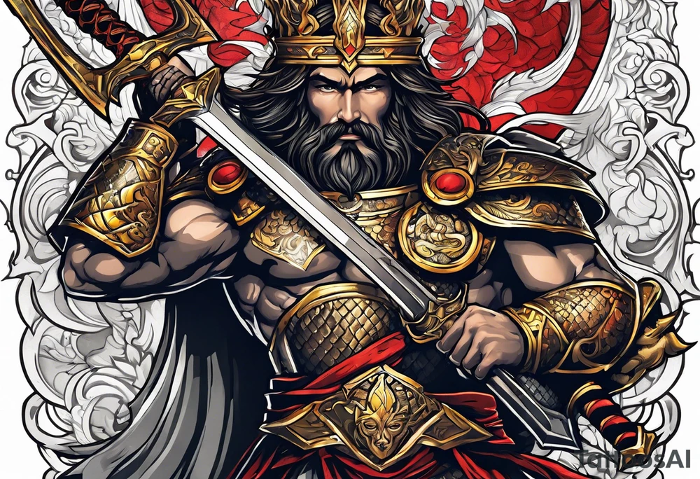 Almighty powerful Jesus in his indestructible armor and using his sword to cut off Serpent head tattoo idea