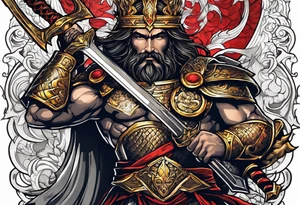 Almighty powerful Jesus in his indestructible armor and using his sword to cut off Serpent head tattoo idea