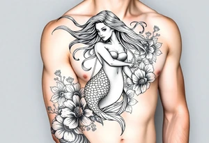 ethereal mermaid with flowing hair among coral and sea flowers tattoo idea