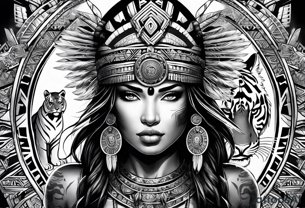 Aztec female warrior with aztec symbols in the background with a tiger tattoo idea