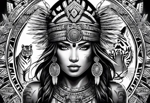 Aztec female warrior with aztec symbols in the background with a tiger tattoo idea