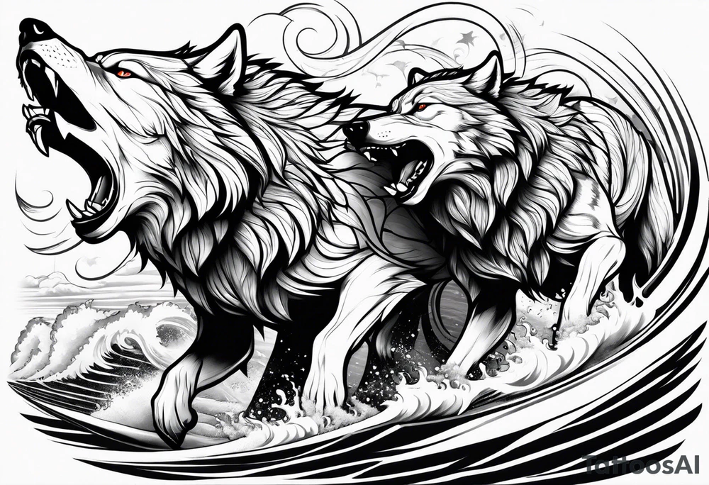a pack muscular of wolves surfing tattoo idea