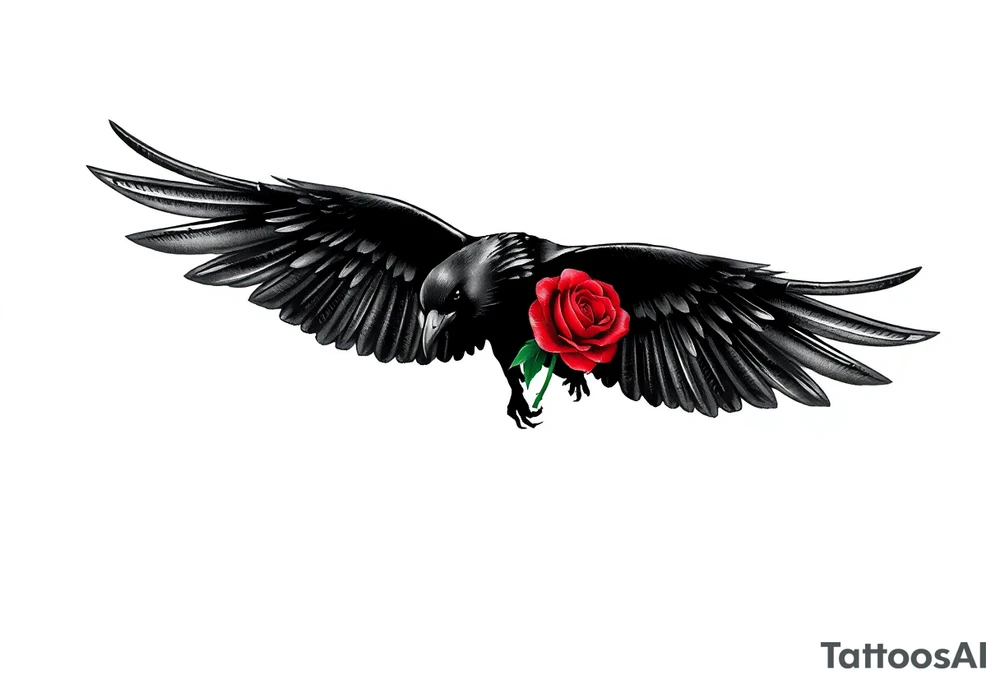 A black crow soaring symmetrically gracefully with its wings fully extended, each feather intricately detailed to capture a sense of movement and depth. In its talons, it gently carries a vibrant red rose, its petals vivid and delicate. The composition blends realism with deep symbolism, representing strength, transformation, and the enduring connection between life, resilience, and the unseen forces that guide and protect. The concept is on a crisp white background. tattoo idea