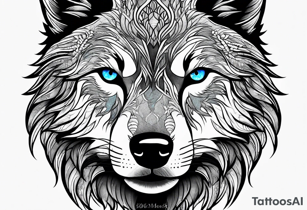 Blue eyes black wolf with moon and forest tattoo idea