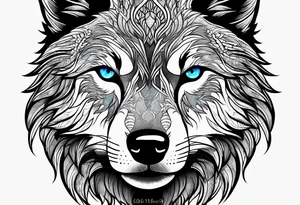 Blue eyes black wolf with moon and forest tattoo idea