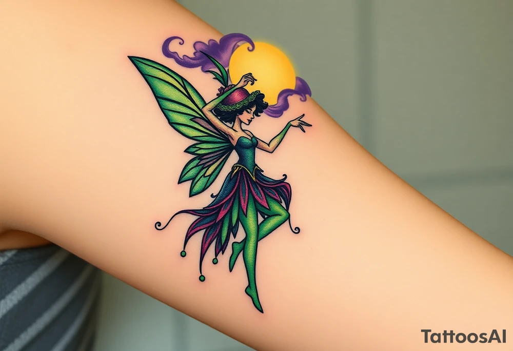 Tim Burton’s style Vintage Parisian elegant and beautiful yet eerie full body absinthe Green Fairy dances outside her victorian crystal absinthe bottle Absinthe Art Nouveau   and dripping with muted reds, dusty pinks, and eerie green glow.purple and cyan smokey clouds swirl in the crescent moonlit sky thats sprinkled with stars tattoo idea