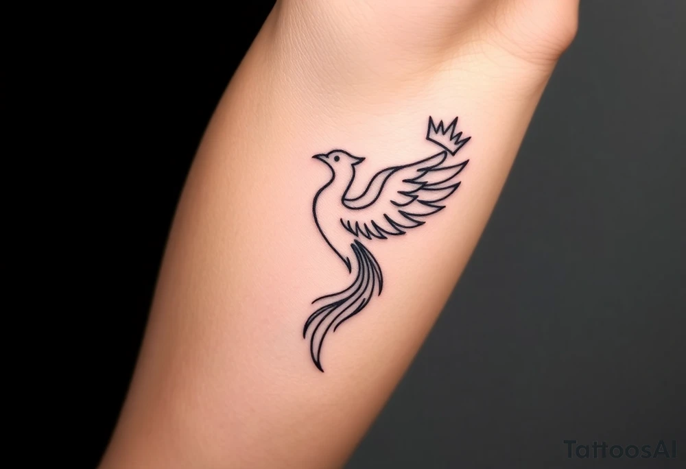 Minimal phoenix and crown fine lines tattoo idea