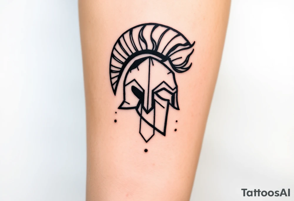 A modern, geometric Spartan helmet tattoo with sharp angular lines and symmetrical shapes, representing strength and resilience. Abstract flames or smoke rise from the helmet, symbolizing inner fire and passion. The design uses bold black linework and strategic negative space for crisp contrast and a contemporary look. Small cracks and dot details add depth and subtle imperfection, reflecting complexity and attention to detail. tattoo idea