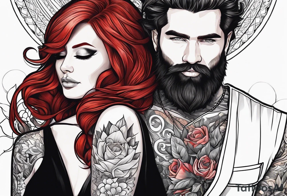 Busty red haired woman with a bearded man who has black hair getting married tattoo idea