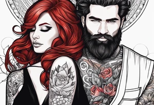 Busty red haired woman with a bearded man who has black hair getting married tattoo idea