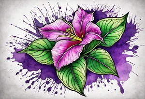 A mystical outline of a dipladenia flower and a green/purple watercolor splatter in the background to make the flower mainly green with purple highlights tattoo idea