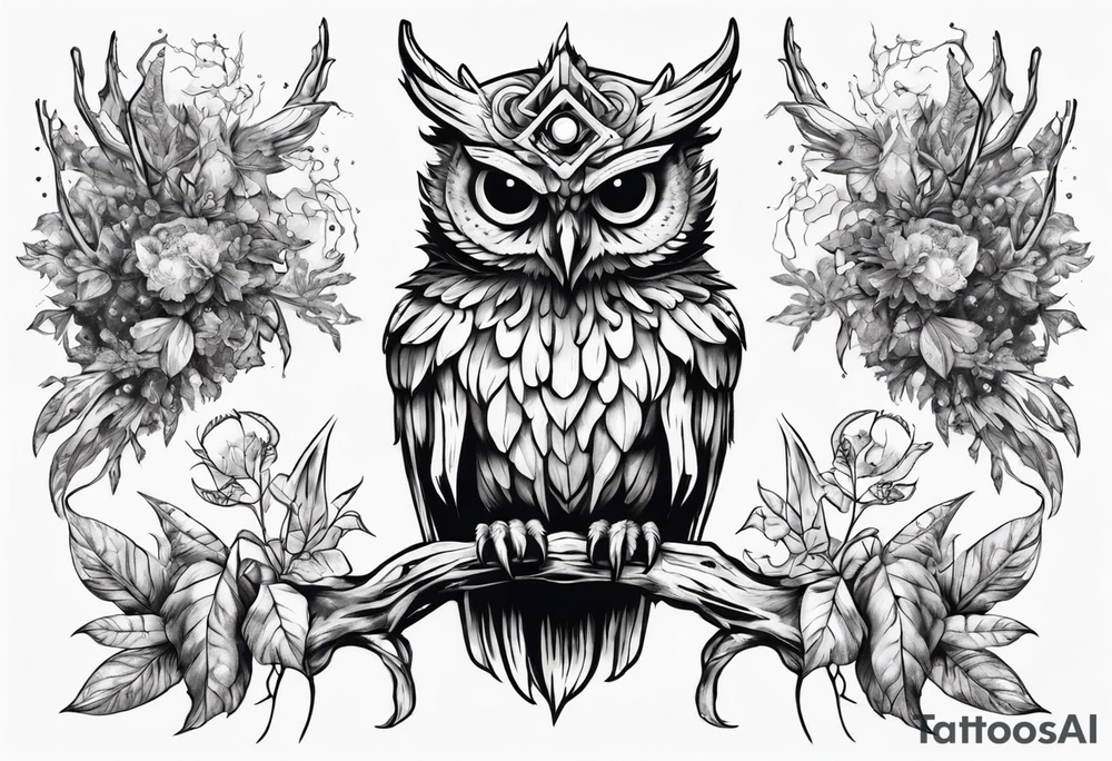 Demon crowned Owl surrounded by poisonous plants, crystals and astrology. tattoo idea
