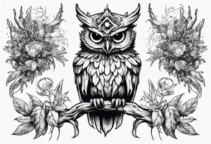 Demon crowned Owl surrounded by poisonous plants, crystals and astrology. tattoo idea