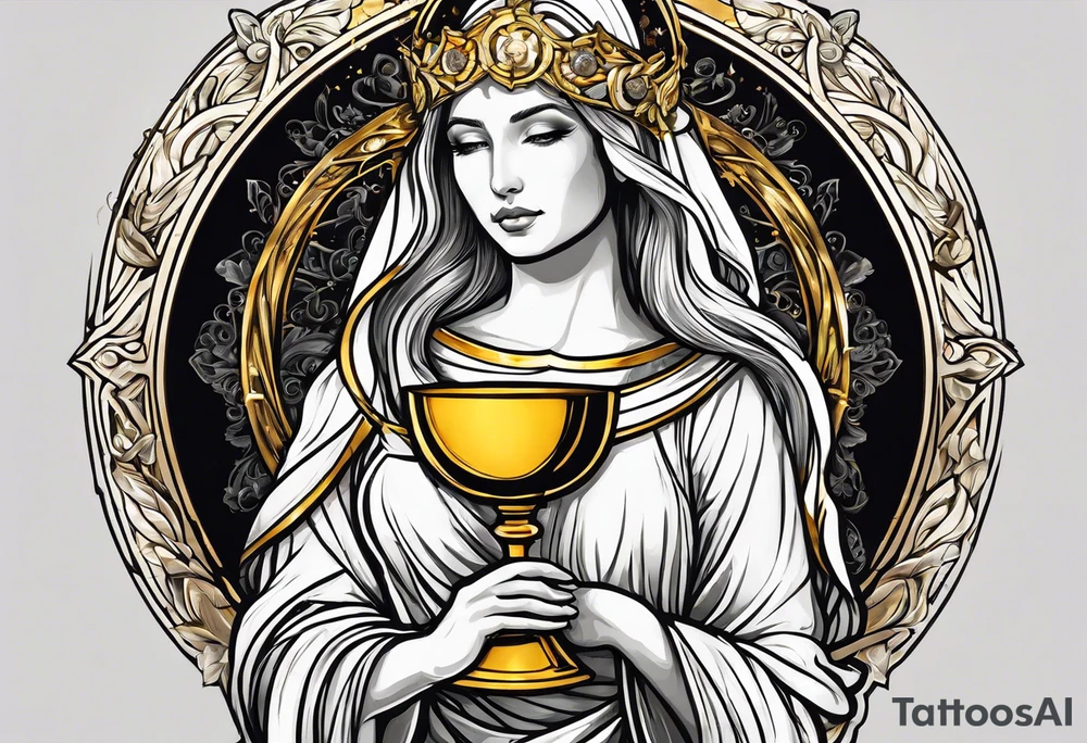 holy saint woman with golden halo holding a chalice tattoo idea