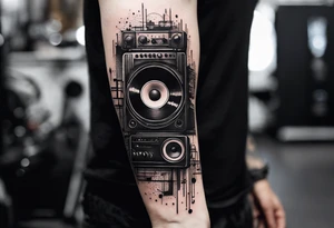 A forearm tattoo about electronic music. Not too minimalistic but not too detailed. Abstract. No speakers. Human face tattoo idea