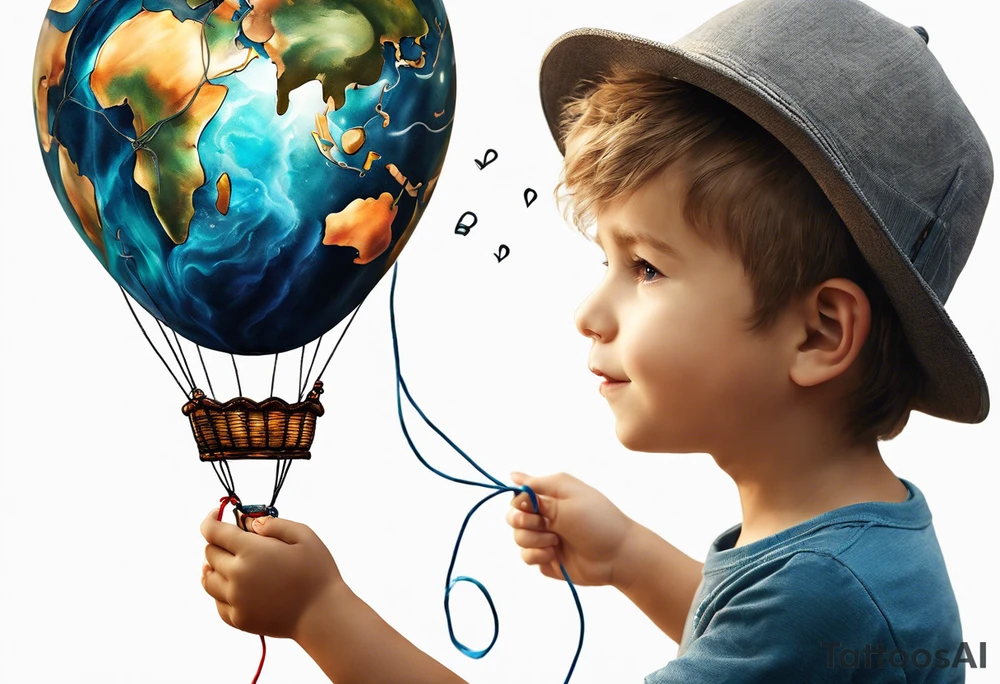 tatoo in little boy holding a string to the earth shaped baloon.
boy should be drawed from behinfd anhas one hand reaching up in 45 degree angle and holding the baloon string
the string has a big wave look like a hearbeat pulse.
hearth party baloon is tattoo idea