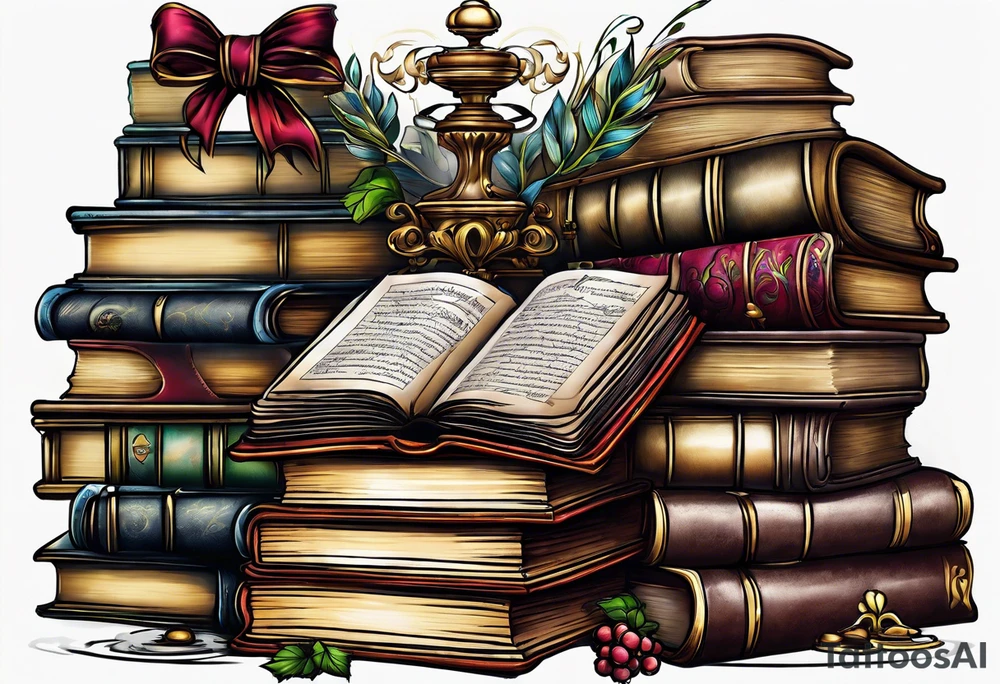 Victorian book stacks tattoo idea