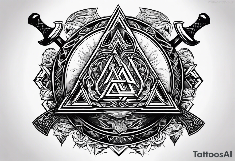 Valhalla sword shield axe Valknut fire tattoo idea