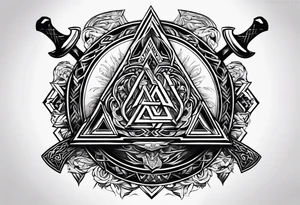 Valhalla sword shield axe Valknut fire tattoo idea