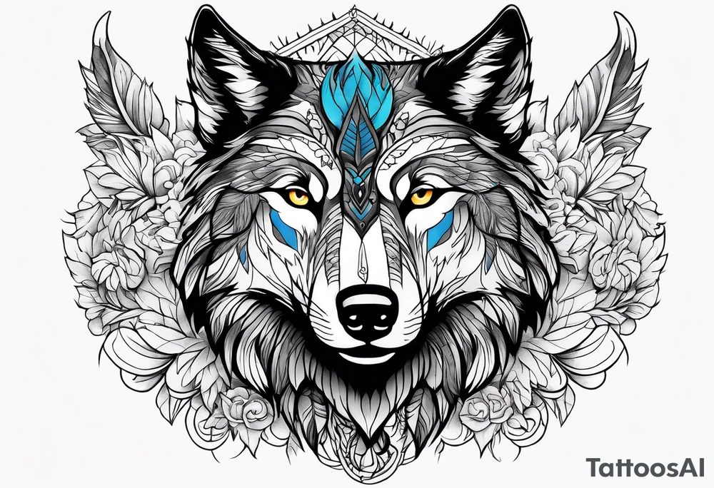 a colorful wolf with a Raven tattoo idea