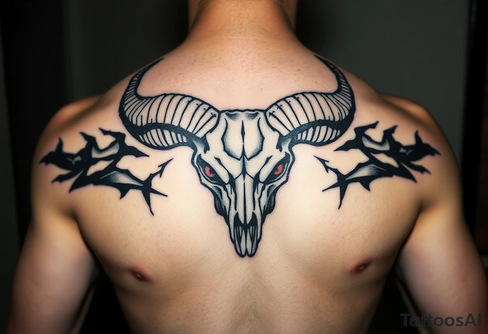 Evil Abstract looking taurus skull chest tattoo with red eyes tattoo idea