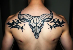 Evil Abstract looking taurus skull chest tattoo with red eyes tattoo idea