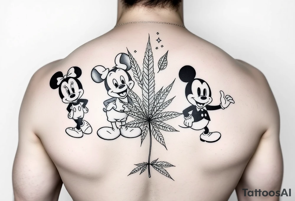 Randomly placed disney characters on an arm posing with marijuana leaves full arm sleeve tattoo idea