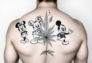 Randomly placed disney characters on an arm posing with marijuana leaves full arm sleeve tattoo idea