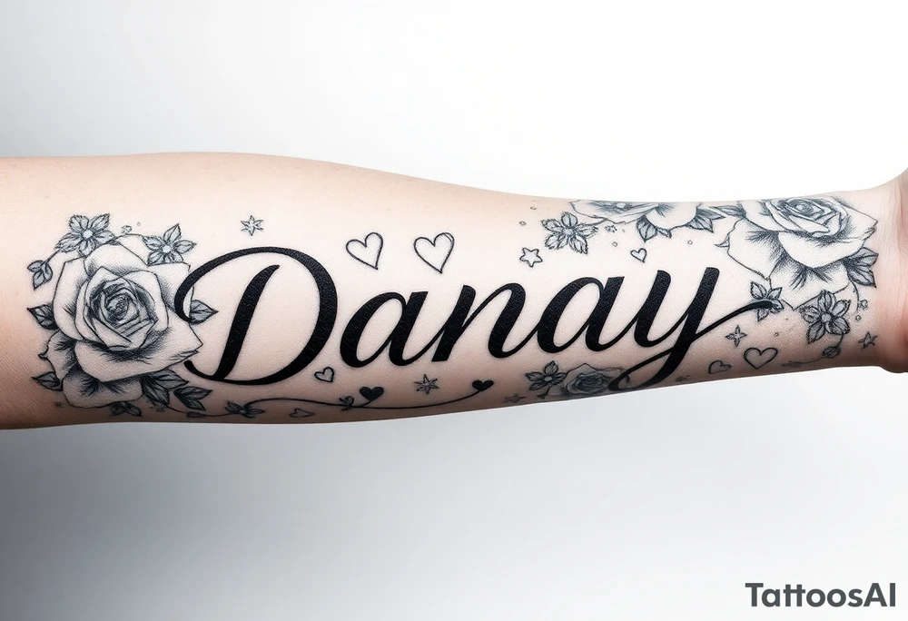 the name Danay, with a background with roses,hearts,sparkles, and other cool stuff that fills up the whole forearm tattoo idea