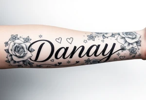 the name Danay, with a background with roses,hearts,sparkles, and other cool stuff that fills up the whole forearm tattoo idea