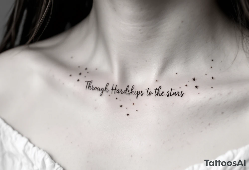 A minimal black line script of the english phrase “Through Hardships to the stars” is paired with tiny gold stars scattered along the collarbone. tattoo idea