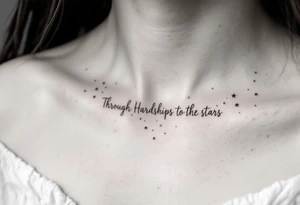 A minimal black line script of the english phrase “Through Hardships to the stars” is paired with tiny gold stars scattered along the collarbone. tattoo idea