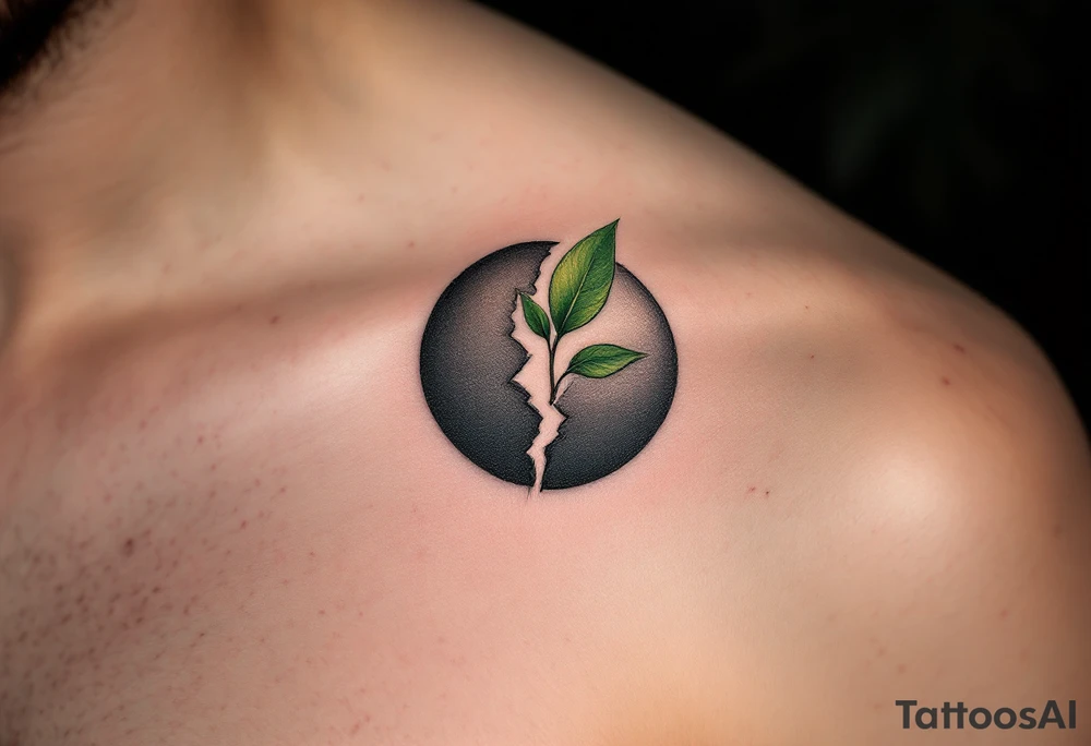 A broken circle in charcoal gray with a sprouting green leaf at the gap, symbolizing growth and renewal. tattoo idea