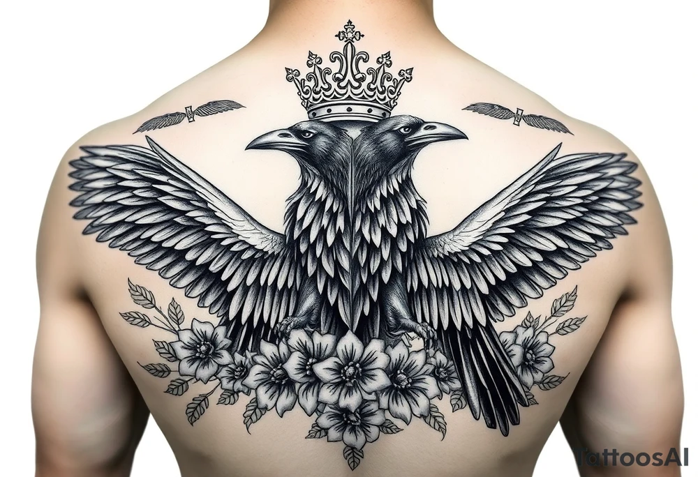 Chest tattoo,powerful majestic ravens with a crown, surrounded by floral ornaments and birds tattoo idea