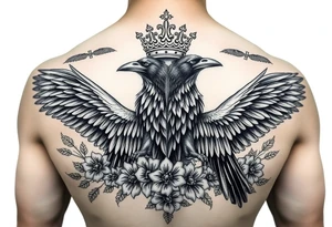 Chest tattoo,powerful majestic ravens with a crown, surrounded by floral ornaments and birds tattoo idea