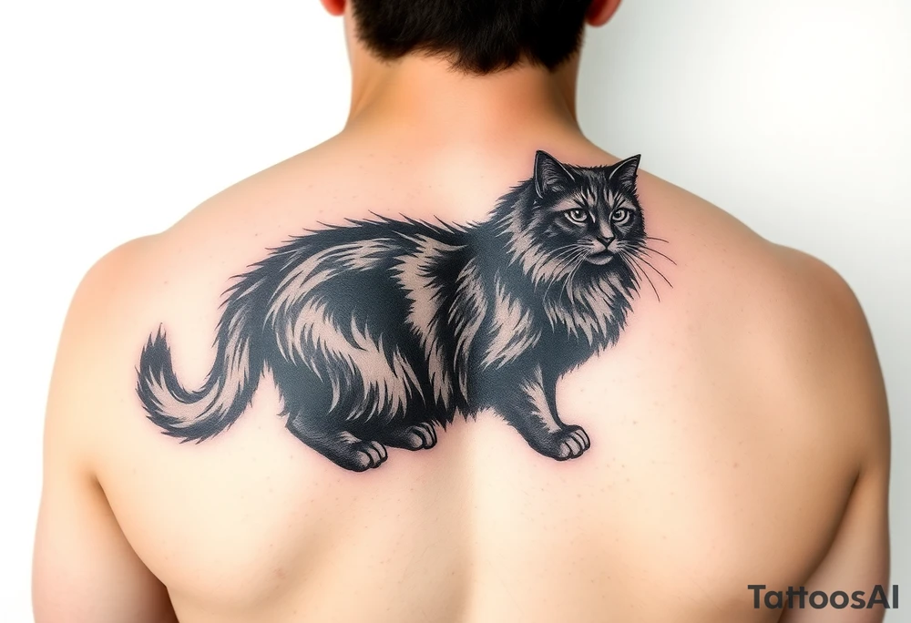 long hair black domestic cat tattoo idea