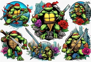 teenage mutant ninja turtles fighting in a city with floral accents tattoo idea