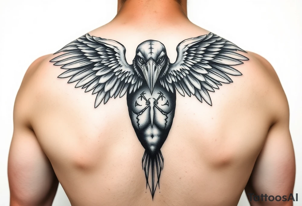 Create a detailed upper back tattoo design featuring a central figure with a crow head facing forward, a human body, and two symmetrical angel wings extending outward. . Use a grayscale style with intricate shading, ensuring a balanced and bold composition. Avoid side profiles for the crow head, keeping it directly forward tattoo idea