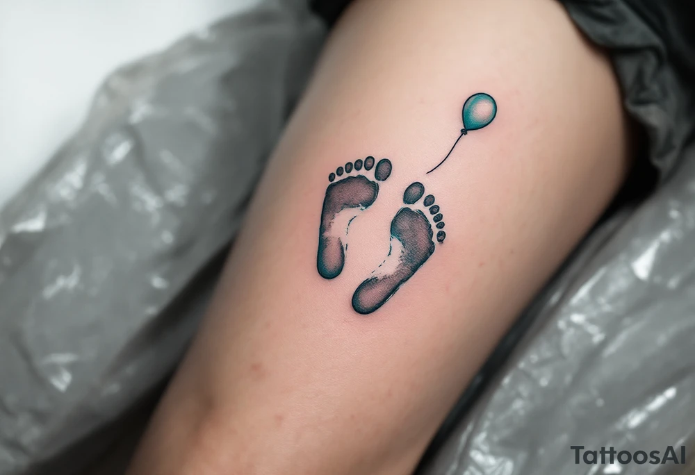 Light gray and soft teal footprints of Samuel, with a small, floating balloon to represent his light and carefree character. tattoo idea