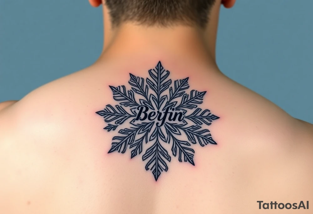 Snowflake with Blue backround and the name „Berfin“ in it tattoo idea