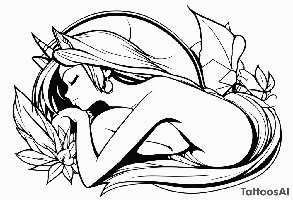 No color fairy with a tail inspired by the logo of the anime show called Fairy Tail in a fetal position leaning in and forward while sleeping tattoo idea