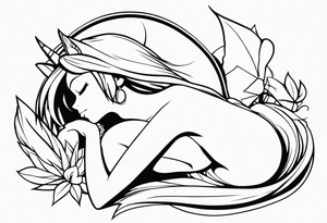 No color fairy with a tail inspired by the logo of the anime show called Fairy Tail in a fetal position leaning in and forward while sleeping tattoo idea