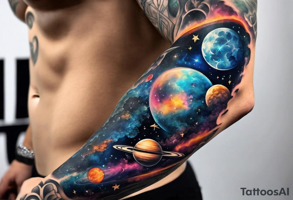 Cosmic and sky inspired tattoo arm sleeve tattoo idea