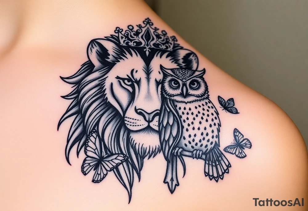 powerful majestic female lion with a tiara and a male owl surrounded by love butterflies with the Libra and Leo zodiac signs tattoo idea