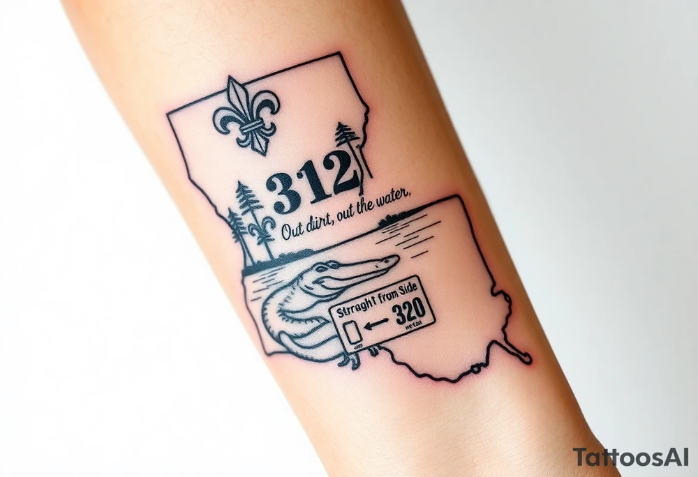 Big Louisiana state outline with fleur-de-lis, a bayou with a gator and trees , the 318 area code and and quote that says  Out the dirt, out the water, straight from 318 , a sign that says I- 20 . Below that add west side , tattoo idea