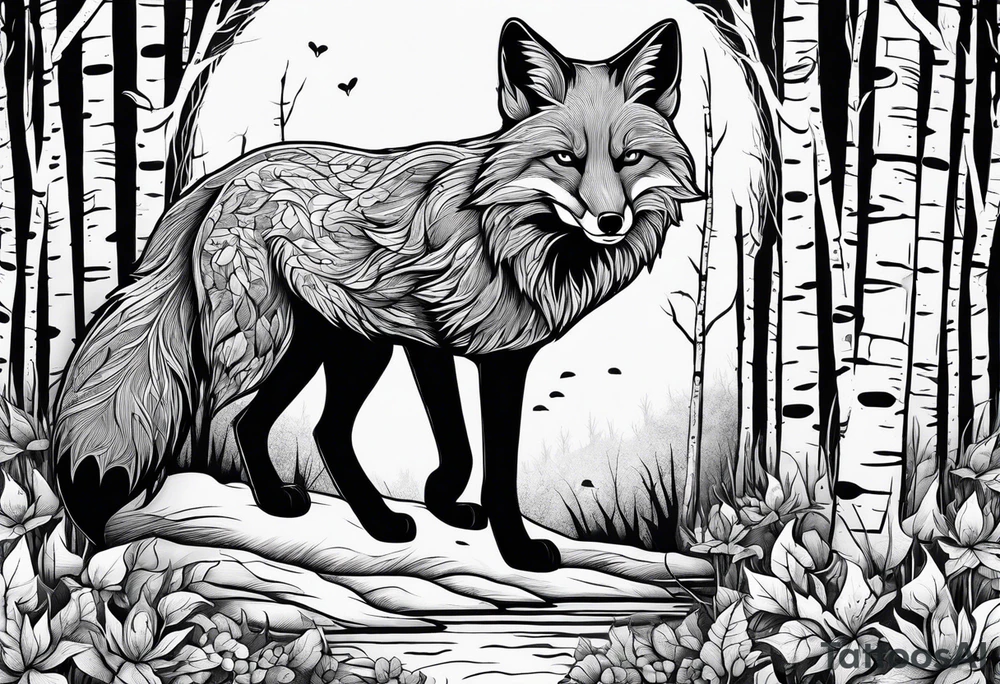 Creepy evil fox in birch woods skulls swamp tattoo idea