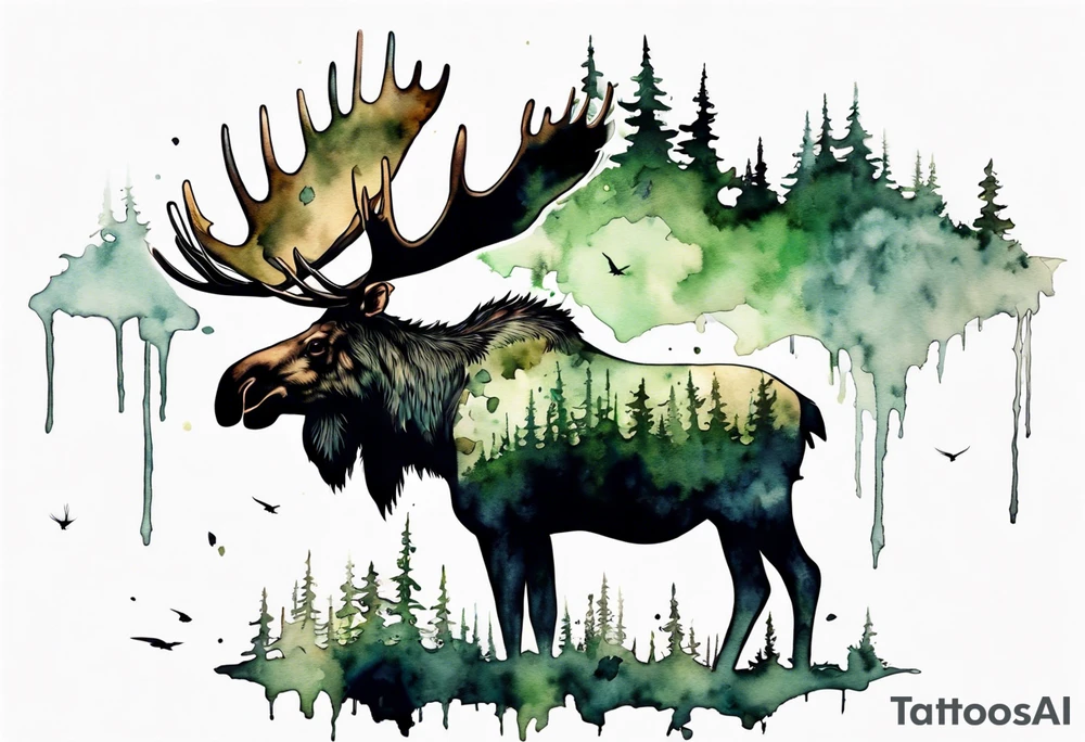 a giant moose covered in moss, shadow birds flying overhead, perched on moose tattoo idea