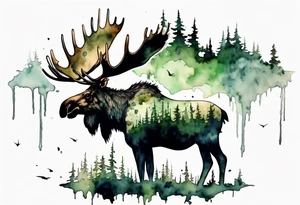 a giant moose covered in moss, shadow birds flying overhead, perched on moose tattoo idea